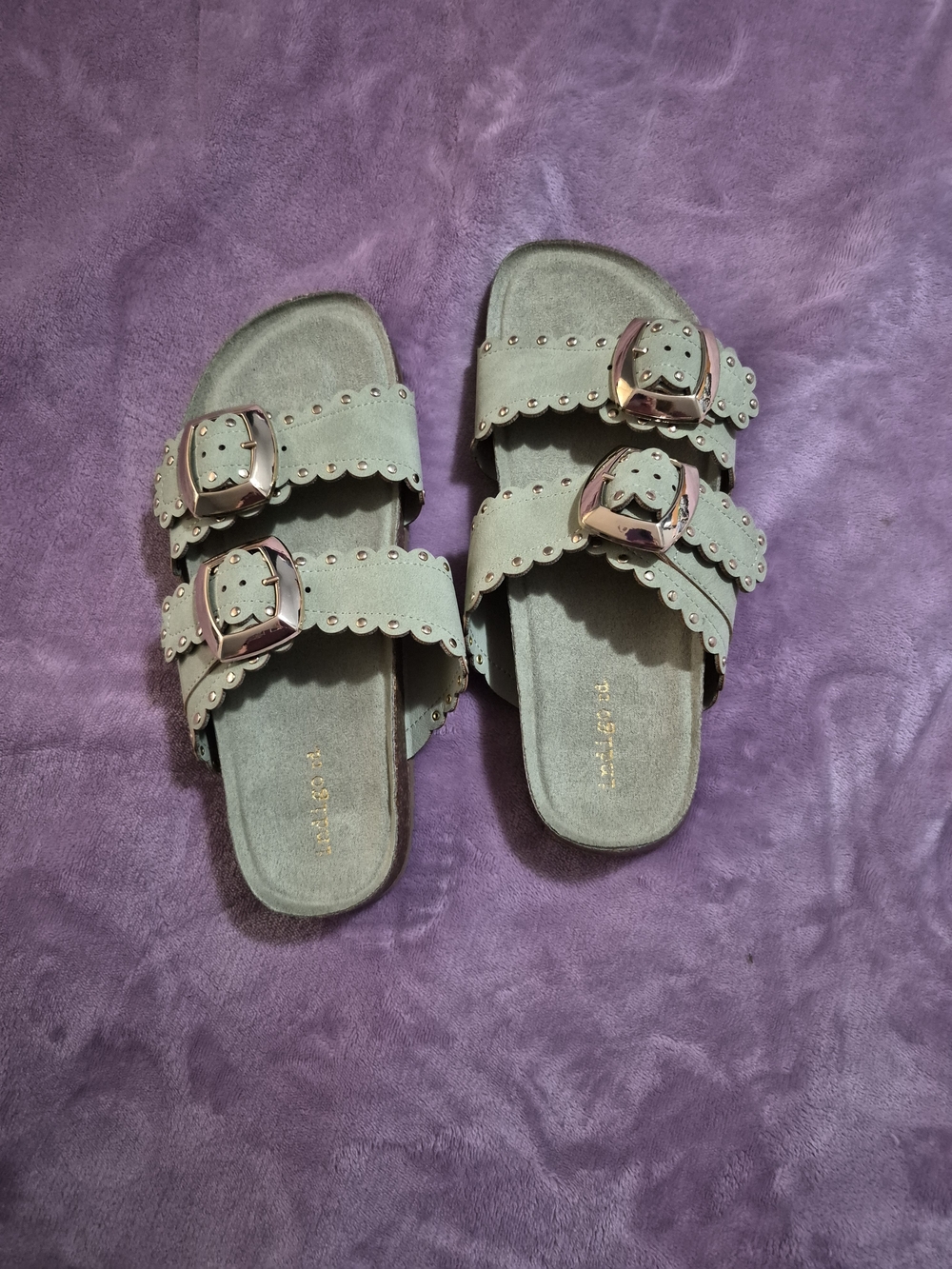 Womens Suede Double-Buckle Slide Sandals in Light Green